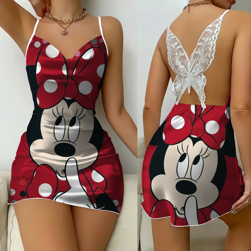 Backless Dress Minnie Mouse Disney Fashion Summer Dresses 2024 Bow Knot Pajama Skirt Mickey Satin Surface Womens Party Mini Sexy
