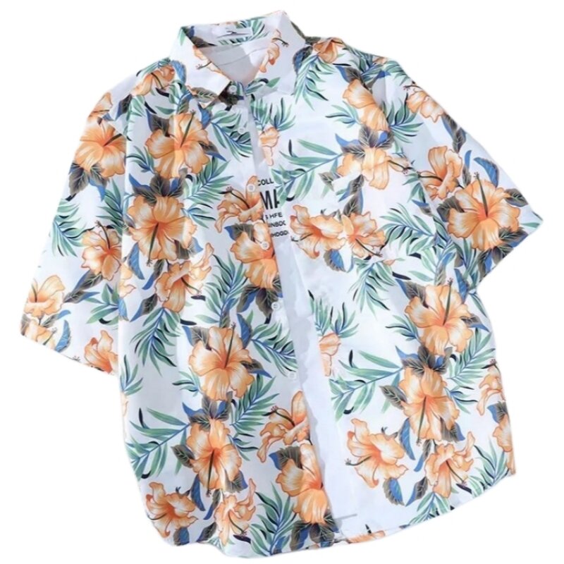 Letnia męska cienka z krótkim rękawem bluzka w roślinny wzór modna przystojna luźna hawajska kurtka koszula plażowa