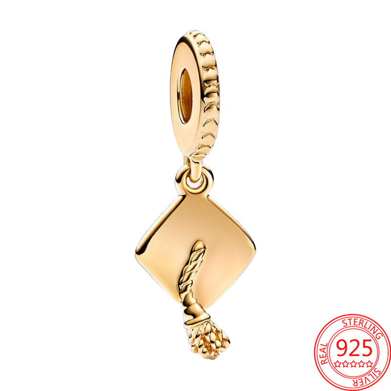 Colgante clásico de Plata de Ley 925 para mujer, abalorio con tapa de graduación chapada en oro de 14 quilates, compatible con pulsera y collar Pandora, regalo de joyería