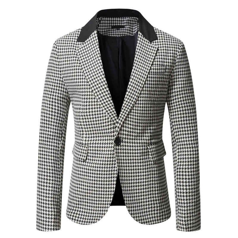 남성용 싱글 브레스트 격자 무늬 세트 재킷, 슬림 피팅 및 패셔너블한 도시 캐주얼 단색 세트 재킷, 원 단추, 가을 신상