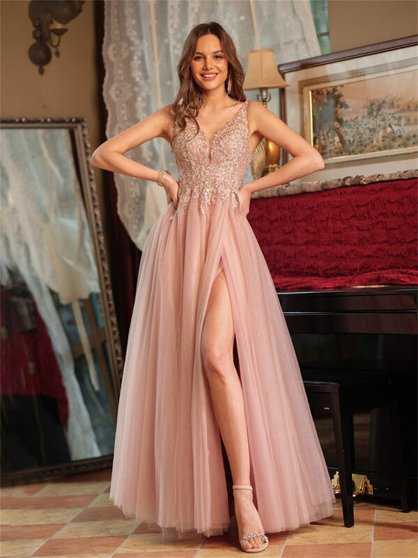 Off-the-Shoulder V-Neck Tulle Applique Long Prom Dresses Sleeveless Backless A-Line Split Side Floor-Length Formal Ball Gowns