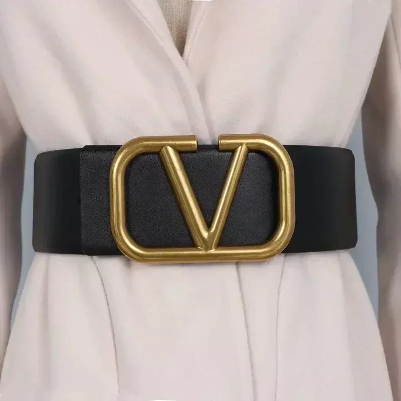 Cinturón ancho de piel de vaca para mujer, faja de Metal con hebilla grande en forma de V, decoración de abrigo, sello de cintura ajustado, cinturón de moda Ins