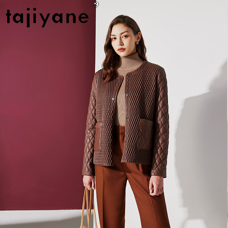 Tajiyane 여성용 탑 레이어 양가죽 코트, 100% 진짜 가죽 재킷, 짧은 라운드 넥 플리츠 코튼 재킷, 트렌디 차케타, 겨울