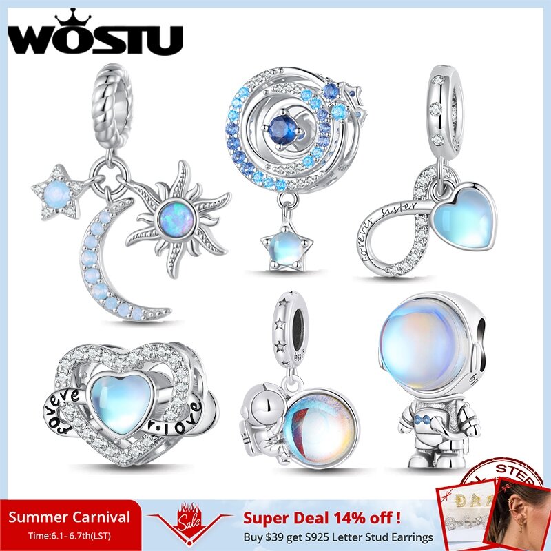WOSTU – pendentif en pierre de lune en argent Sterling 925, perles en forme de cœur, d'astronaute, adapté au Bracelet Original, bricolage, fabrication de bijoux