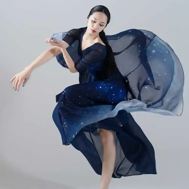 Jupe en mousseline de soie dégradée bleu ciel étoilé pour femme, grande jupe imbibée, danse classique moderne, ballet, vêtements de performance sur scène