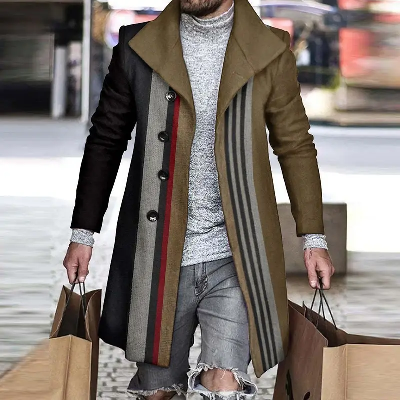 Casaco de lã grosso estampado vintage masculino, manga longa casual, gola virada para baixo, trincheira abotoada, sobretudos na moda masculina