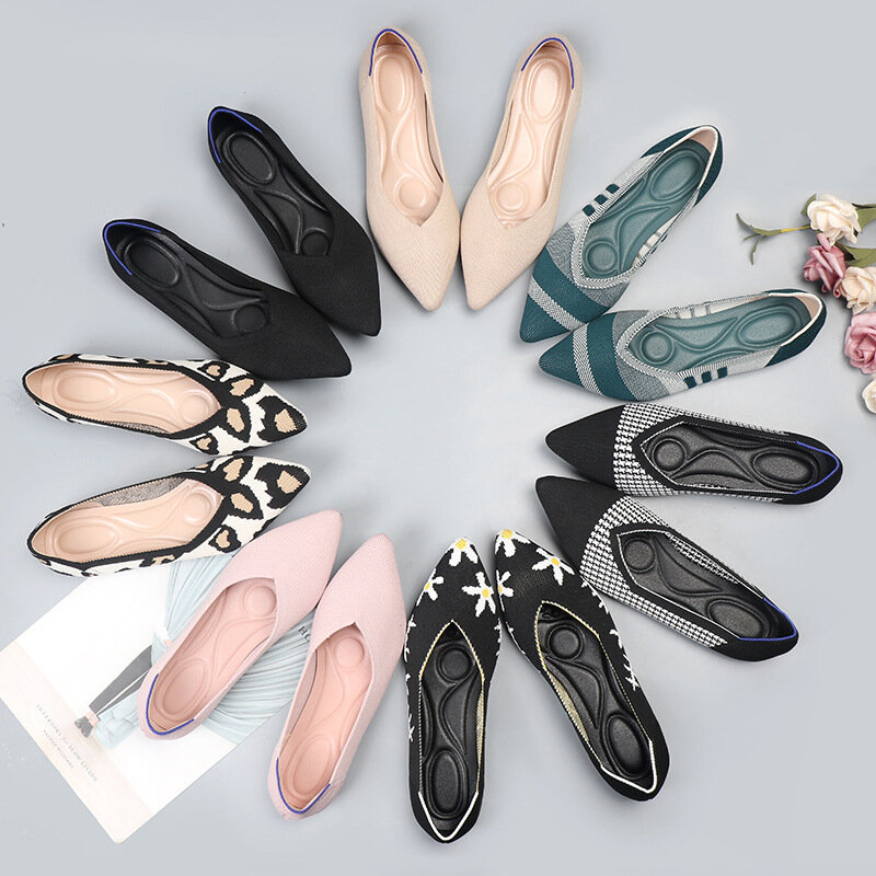 Sapatos de poliéster respirável para mulheres, Spring Flats, Bailarinas Toe Pointy, Mocassins de malha para senhoras, Confortável vestido diário Flats