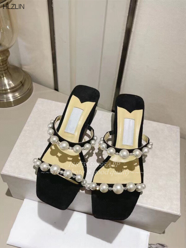 Zapatillas gruesas de perlas para mujer, zapatos sexys, sandalias de diseñador, novedad de 2024