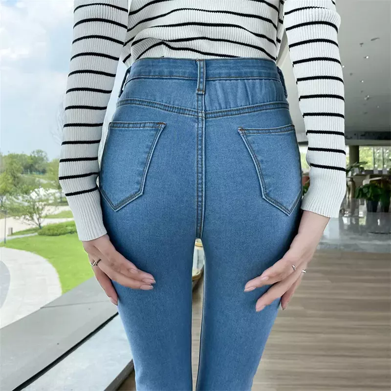 กางเกงยีนส์ขายาวเอวสูงกางเกงวินเทจเอวสูงทรงดินสอเข้ารูปผ้ายืดสำหรับผู้หญิงแบบ celana leging anak perempuan