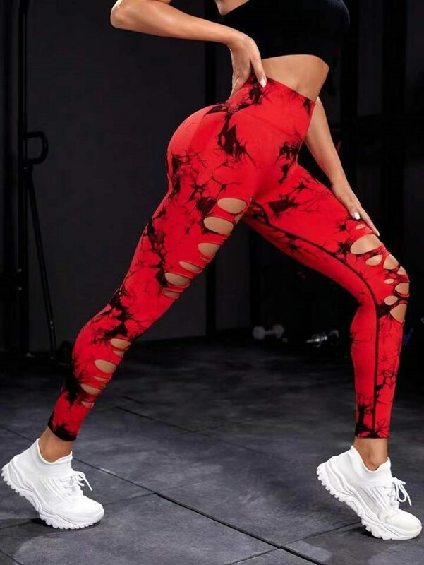 Женские леггинсы с вырезами на завязках, спортивные штаны, спортивная одежда для фитнеса, пикантные спортивные колготки Пуш-ап с высокой талией, красные Леггинсы для бега