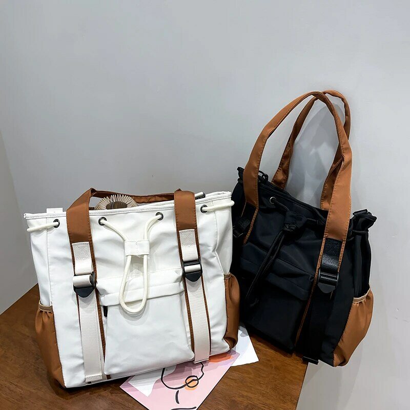 Splash-proof Nylon Fabric Shoulder Crossbody Bags For Women Multi-pocket Drawstring Tote Bag Large Capacity Student Book Handbag