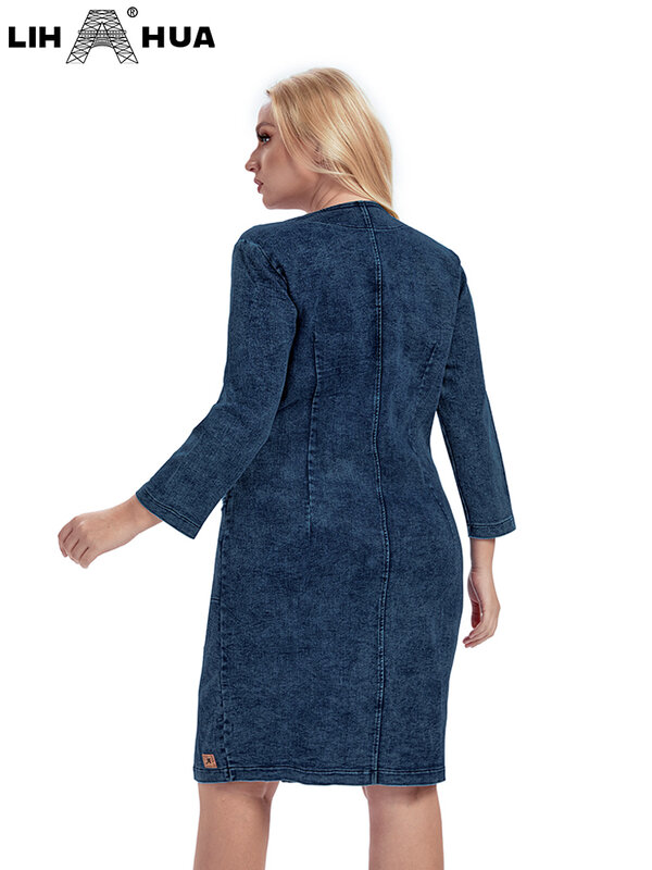 LIH HUA Women's Plus Size Denim Dress High Elasticity Autumn Cotton Woven Casual Fashion Dress
