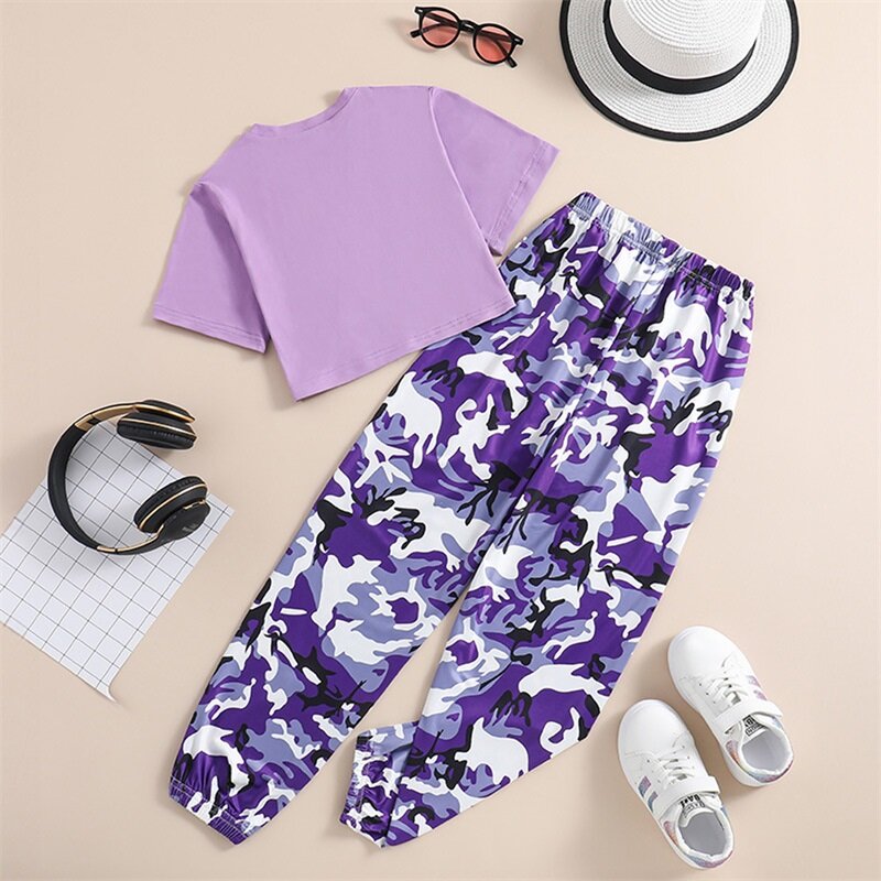8-12T Kid Girl Pants Set Letter Print Short Sleeve Tops with Camouflage Pattern Trousers 2 Pcs Summer Outfit