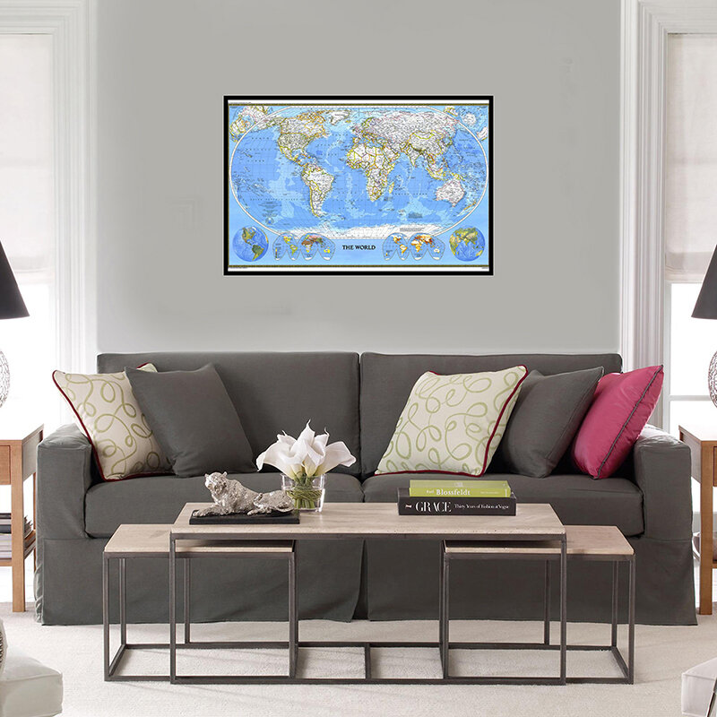 Mapa del mundo de 84x59cm, suministros de oficina, cartel detallado, tabla de pared, papel Retro no tejido, mapa del mundo, decoración de póster, 1988