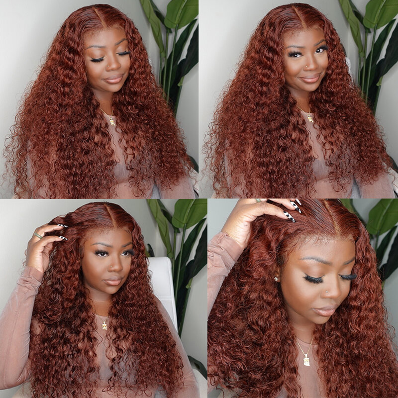 Peluca de cabello humano rizado de color marrón rojizo para mujer, postizo de encaje Frontal 13x6 HD, pelo Remy predespuntado con ondas profundas, 13x4