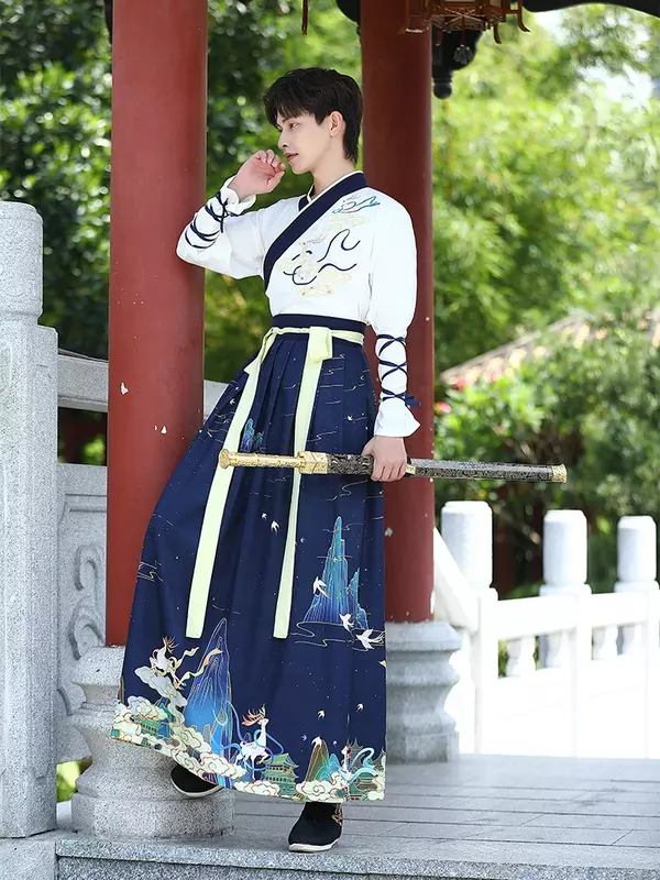 Traje de dança tradicional chinesa Hanfu masculino, vestido folclórico de espadachim da dinastia Han, antigo cosplay acadêmico, Halloween