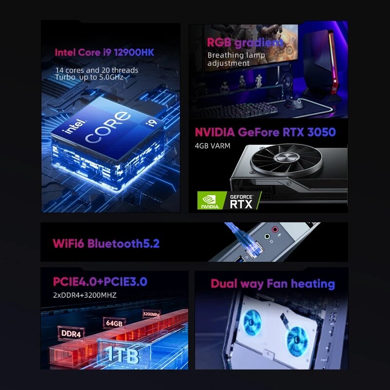 2023 Mini Gamer PC 12th Gen Intel i9 12900H i7 12700H Nvidia RTX 3050 8G PCIE4.0 2xDDR4 Windows 11 Desktop Computer 3x4K WiFi6