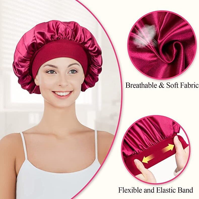 Topi tidur bertepi lebar Satin wanita, warna Solid uniseks sutra imitasi bungkus kepala elastis Band perawatan rambut Bonnet topi malam