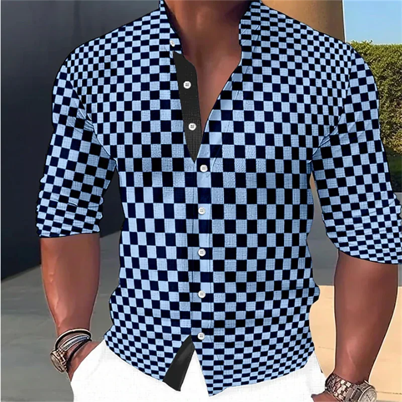 Camisa masculina de manga longa, gola alta, xadrez preto e branco, estilo de tendência geométrica, músculo, 2023
