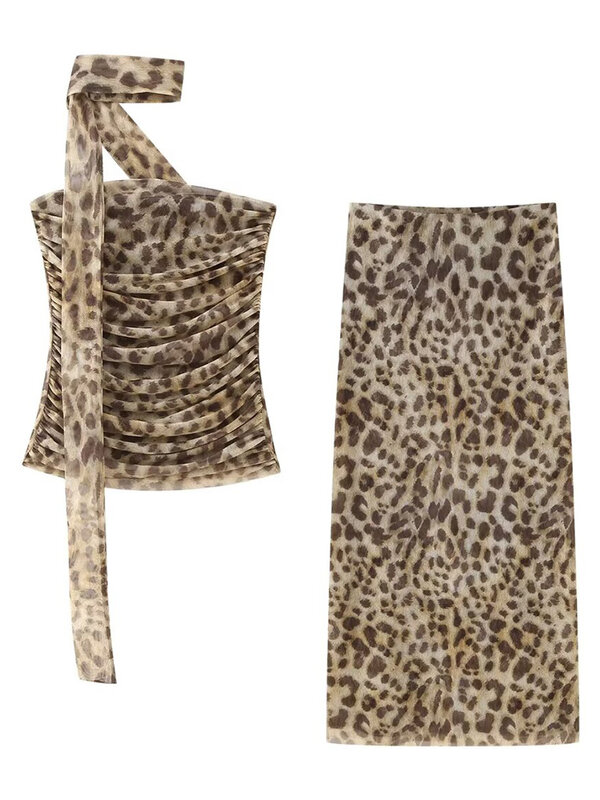 Willshela-Tops plissados de leopardo feminino e saia midi de cintura alta, conjunto de saias chique senhora, moda vintage, 2 peças