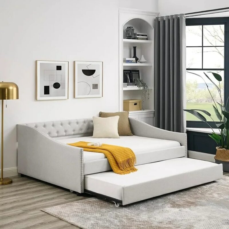 Lit de jour pleine grandeur avec canapé-lit capitonné double Trundle solutions.com, bras, 80.5 "x 55.5" x 27.5 ", beige