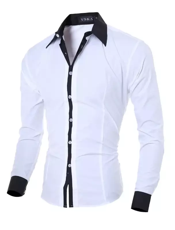 Camisa vestido de algodão manga longa masculina, lapela clássica, monocromática, slim fit, casual, negócio, escritório, profissional, cotidiano, top fashion