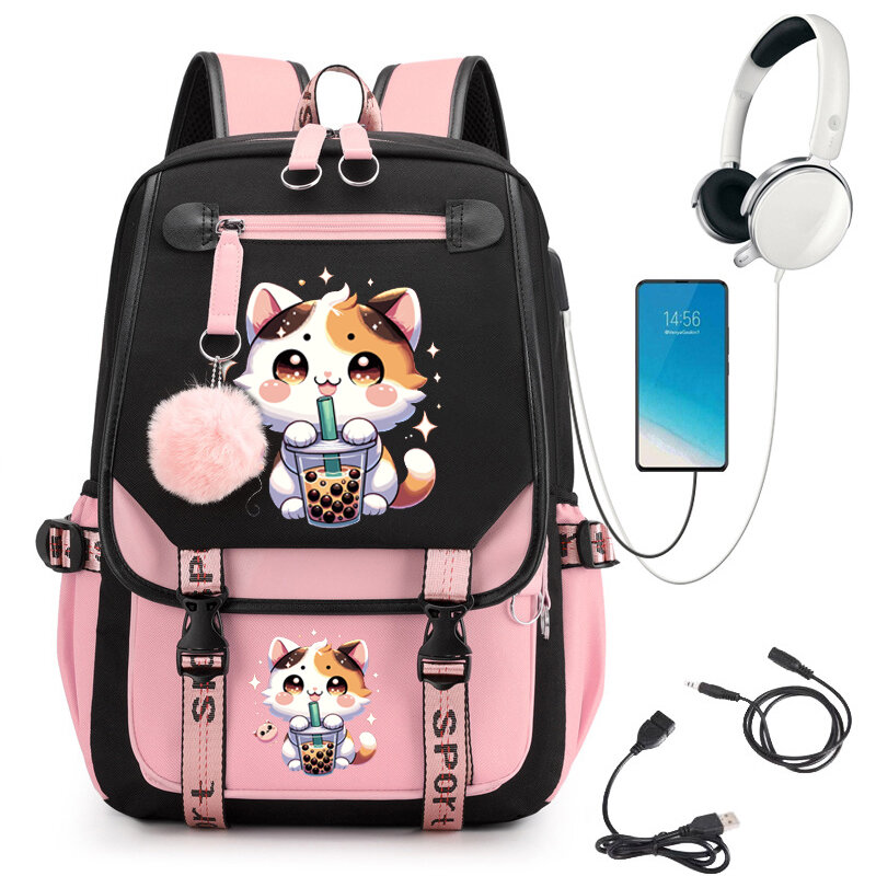 กระเป๋าเป้นักเรียนท่องเที่ยวของเด็กผู้หญิงกระเป๋าเป้นักเรียนวิทยาลัยกระเป๋าเป้แฟชั่นกระเป๋าเป้สะพายหลังสำหรับไปเที่ยวพักผ่อน Boba อนิเมะแมวแล็ปท็อปกระเป๋านักเรียน USB
