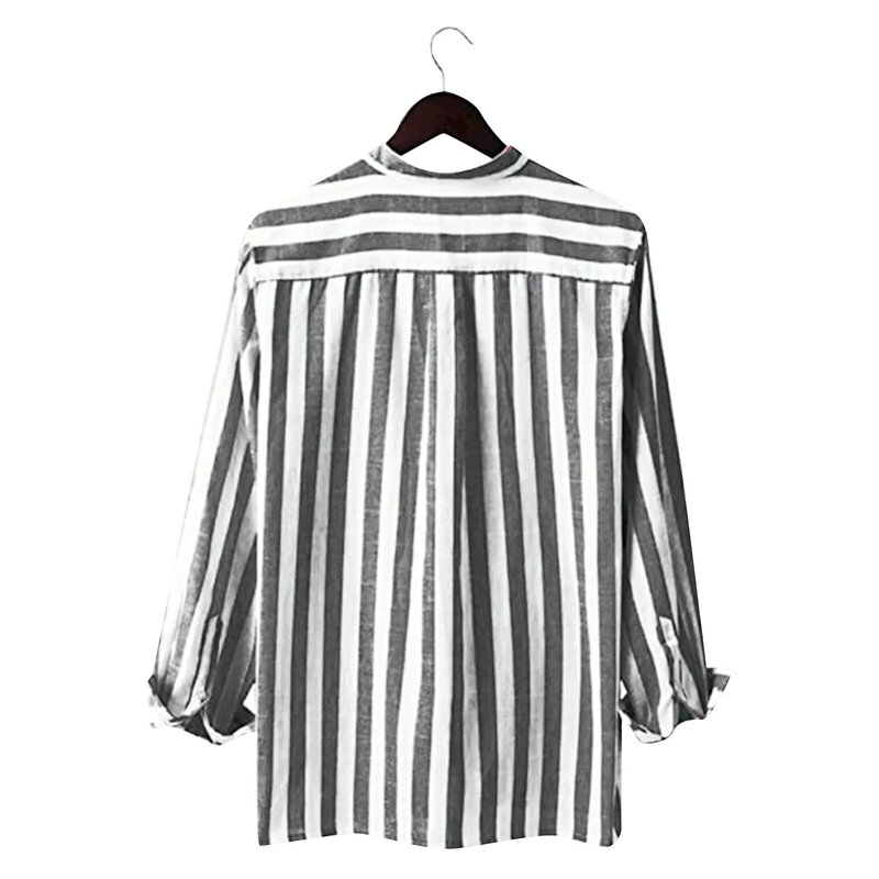 Camisa de manga larga de talla grande para hombre, camisa holgada de alta elasticidad con estampado a rayas, Top informal con hebilla de lino