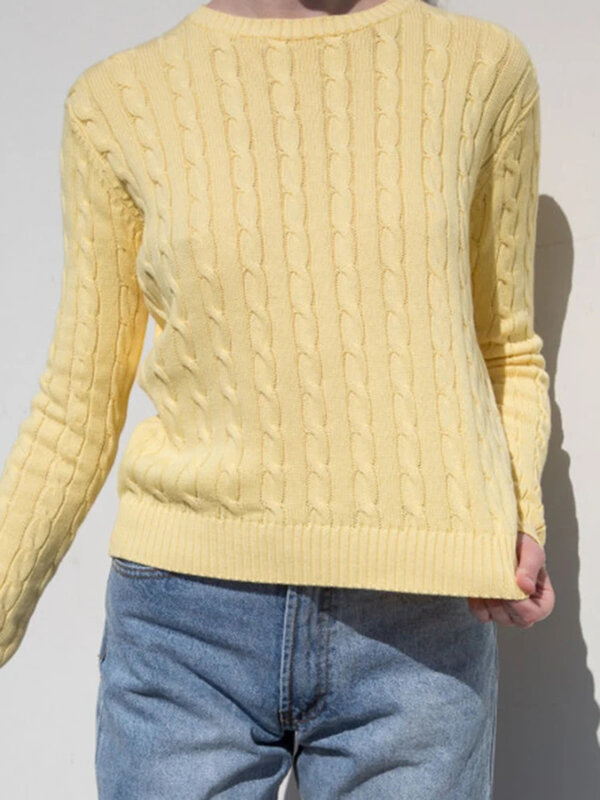 Słodki skręcony dzianinowy sweter z okrągłym dekoltem kobiet jesienno-żółty bawełniany ciepła odzież uliczna wąski estetyczny sweter w stylu Vintage
