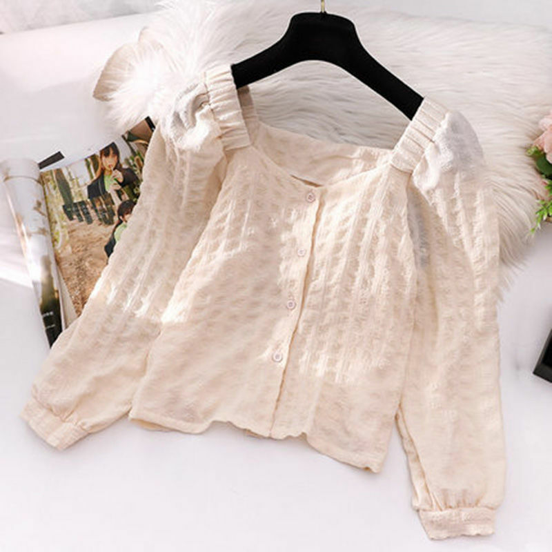 Женская блузка в стиле ретро с квадратным вырезом и длинными рукавами