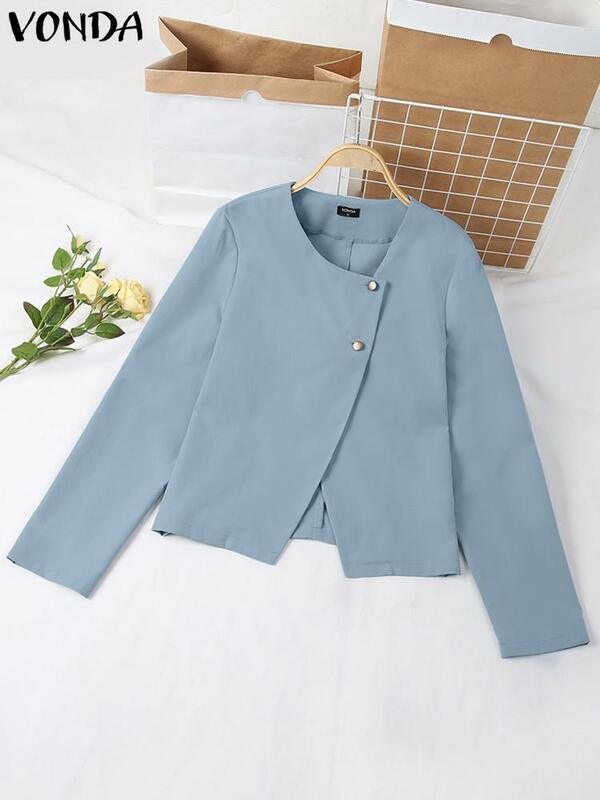 Vonda-Blazer feminino elegante de manga comprida, camisas casuais, casacos de escritório soltos, monocromáticos, botões estilo OL, moda