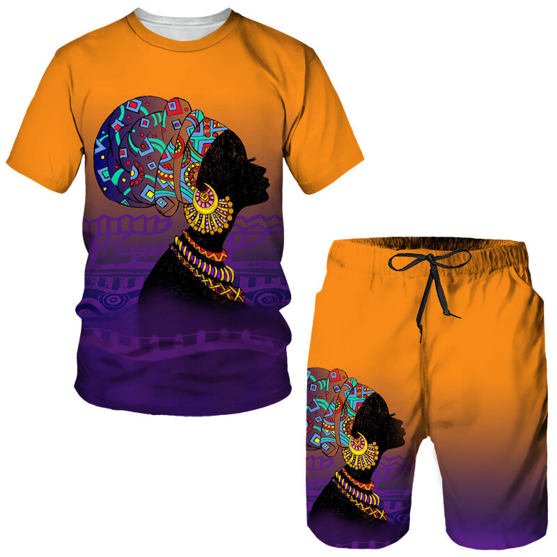 Summer Tracksuit T-shirt Shorts 2 Piece Ethnic Dance Girl Printed Outfits Sports Suit Loose Vintage Streetwear Man Sets Clothing