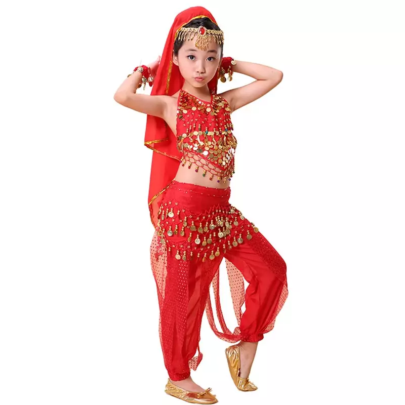 ベリーダンスコスチューム子供用、女の子用キラキラステージパフォーマンス、インドの衣料品、子供用木製ダンスホルター、レトロなパンツ