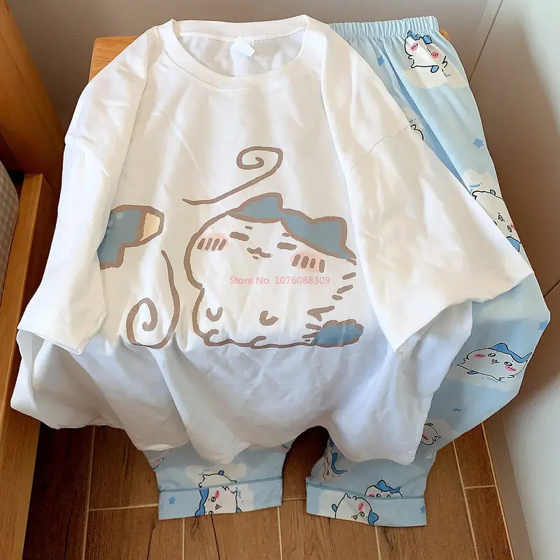 Chiikawa Pyjamas Sommer reine Baumwolle Rundhals ausschnitt Kurzarm Hosen lose Anzug Cartoon niedlichen Zuhause Kleidung Geschenk