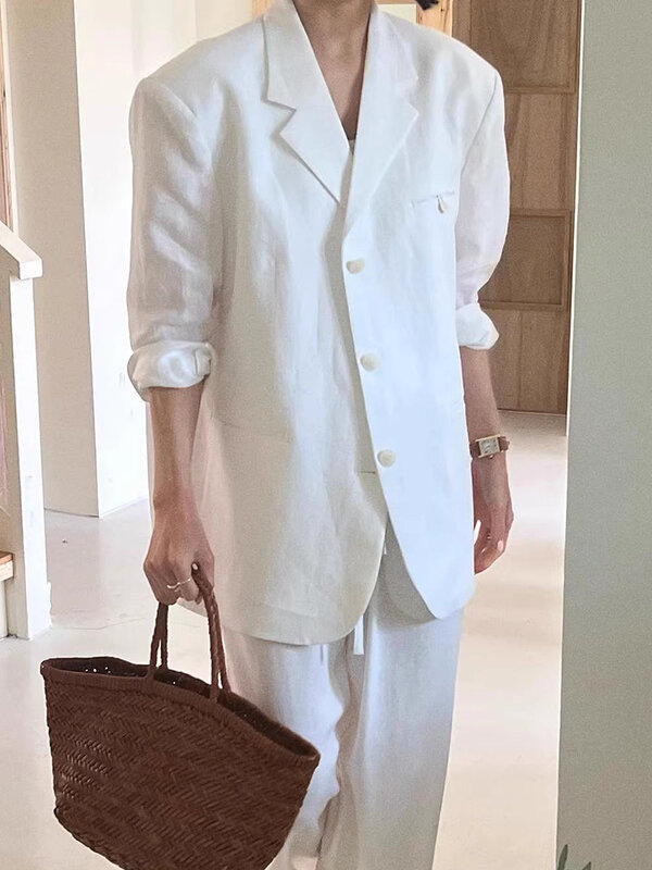 Женский льняной свободный пиджак LANMREM, повседневный однобортный солнцезащитный пиджак, модные белые пальто, Новинка лета 2024, 26D9172