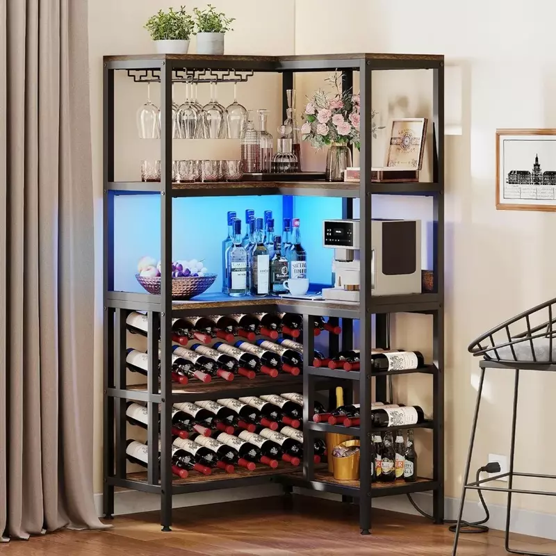 63'' Corner Bar Cabinet With Power Outlet and LED Light Mobile Bar Accessories Home Bars Large Corner Wine Rack Whiskey Display