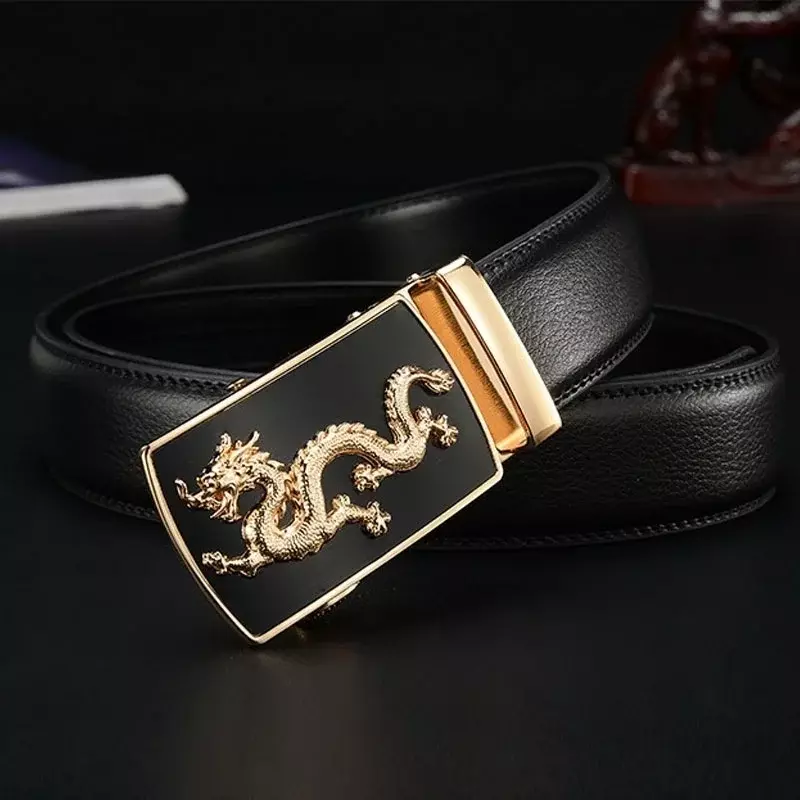 Fivela automática masculina Cintos de couro dragão, cinta preta de luxo, marca designer, negócio, nova moda, 2024
