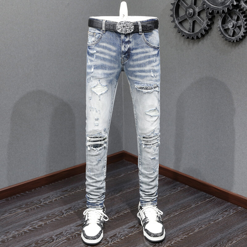 Calça Jeans Skinny Stretch Retro Azul Claro Masculino, Calças Rasgadas, Bandana Remendada, Calças Marca Hip Hop, Moda de Rua, Designer, Fit, Buraco