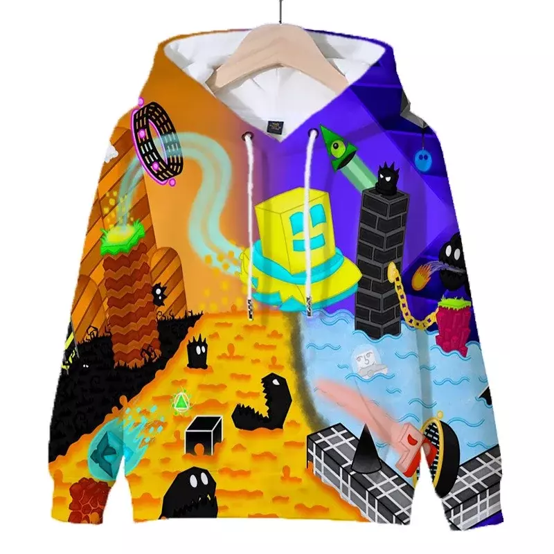 Game Geometry Dash Print Hoodies Kids Long Sleeve Pullover Cartoon Casual Top Boys Girls Funny Clothes Autumn Winter Sweatshirt