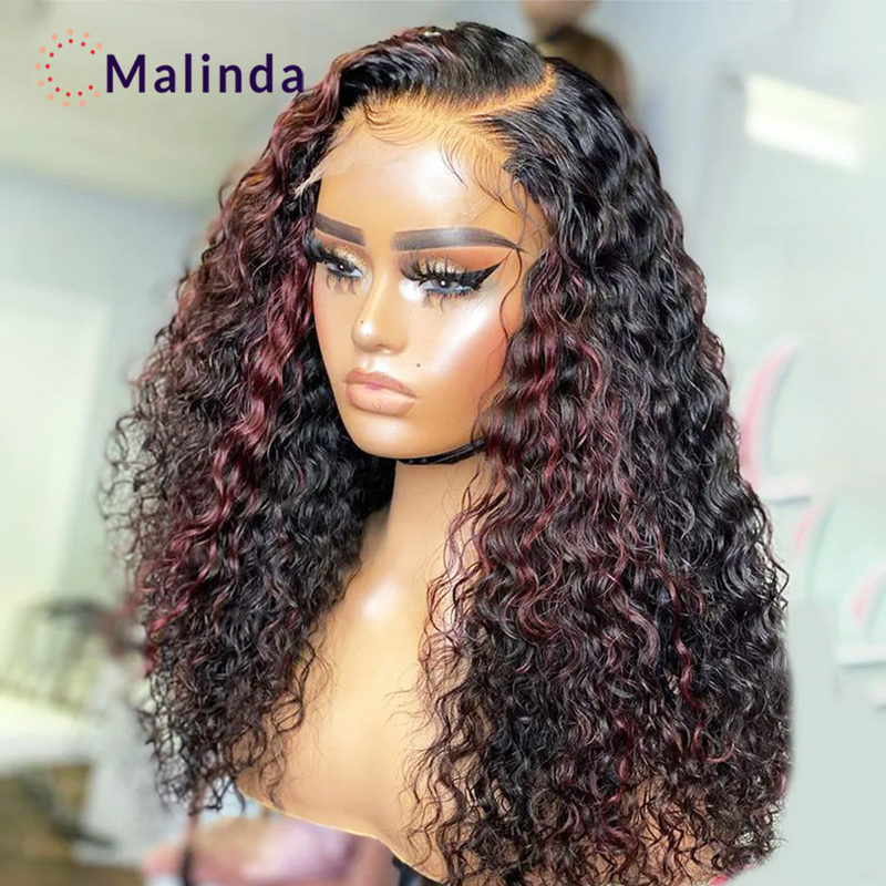 Brazilian Highlight Burgundy Curly 13x4 Lace Front Human Hair Wig Ombre 1b/99j Transparent Lace Frontal Human Hair Wig For Women