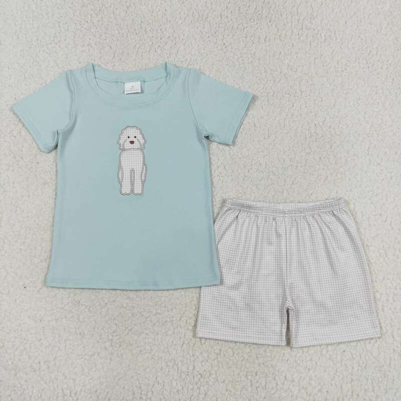 Bambini all'ingrosso ricamo set estivi bambino maniche corte t-shirt in cotone pantaloncini per bambini Baby Boy Boat Dog due pezzi Outfit