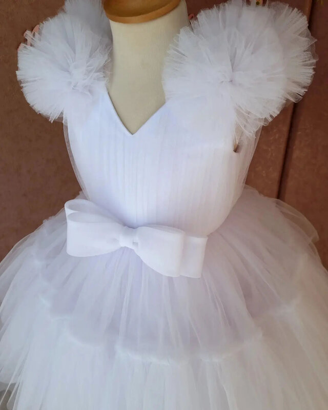 Vestido de flor branca para casamento, tule sem mangas com arco, festa de aniversário, princesa, primeira comunhão, vestido de baile infantil