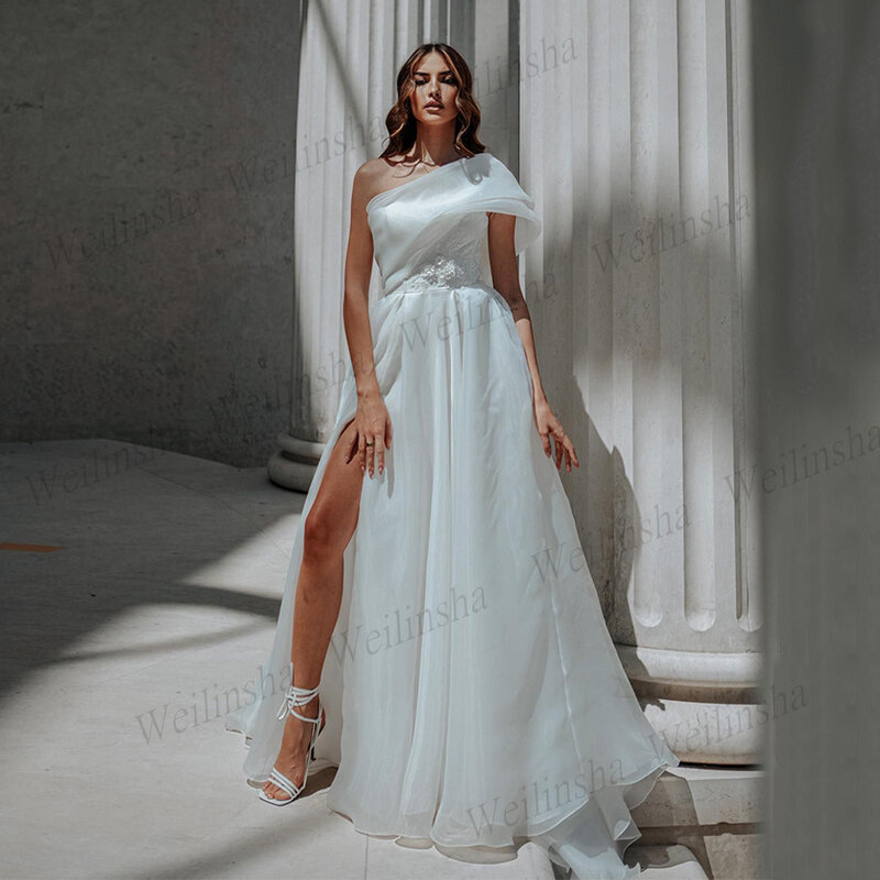 Gaun pernikahan Organza a-line untuk wanita pengantin wanita SATU bahu payet Applique lipit kereta api ritsleting belakang Robe De Mariee