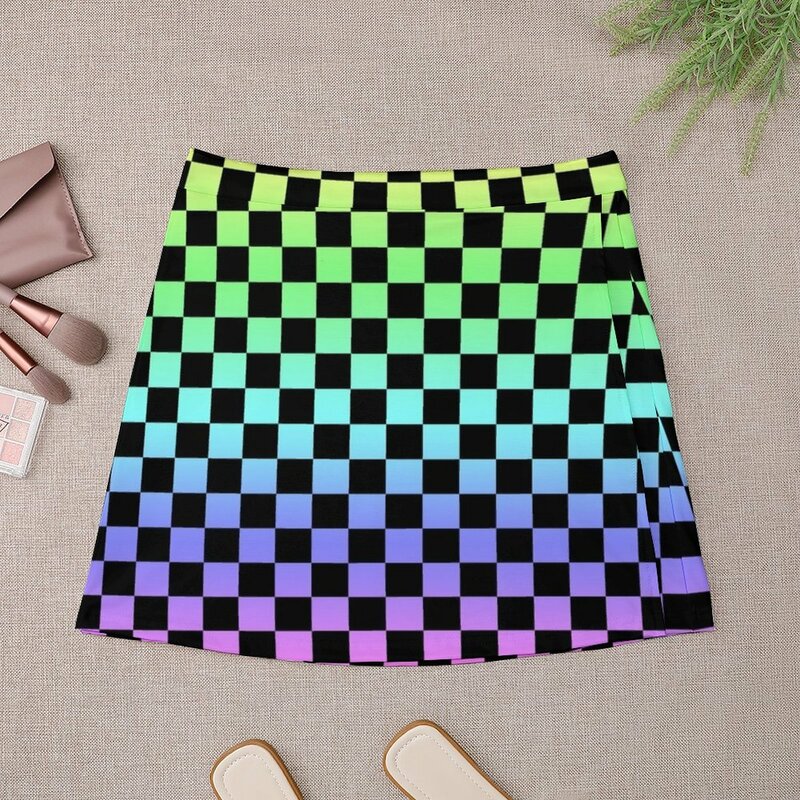 Black Checkered Rainbow Ombre Pattern Mini Skirt festival outfit women korean summer clothes Female dress