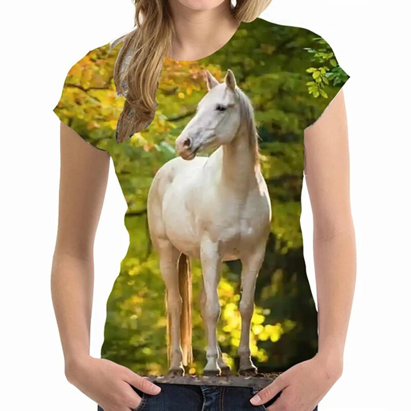 Summer Women's T-shirt Horse 3D Animal Print Women's Street Personalized Clothing Casual Short Sleeved Top Harajuku Girl
