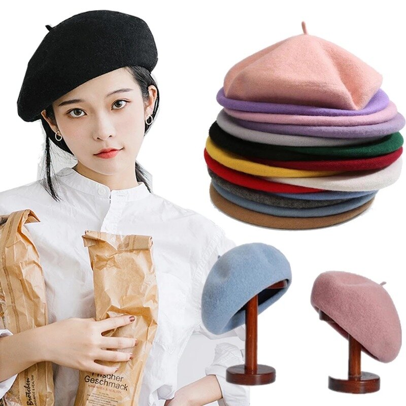 Kobiety dziewczyna Beret francuski artysta ciepła wełna czapka zimowa czapka Vintage zwykły berety Solid Color elegancka dama czapki zimowe