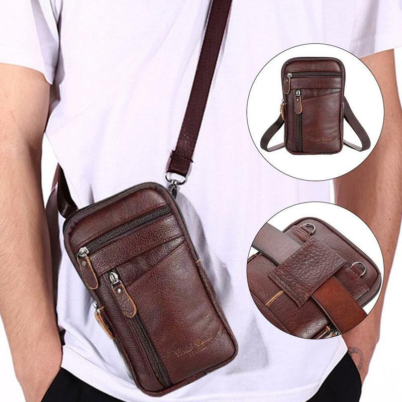 Bolsa de cintura de couro para homens, multifuncional, grande capacidade, ombro único, straddle oblíquo, fivela multicamadas, bolsa para telefone