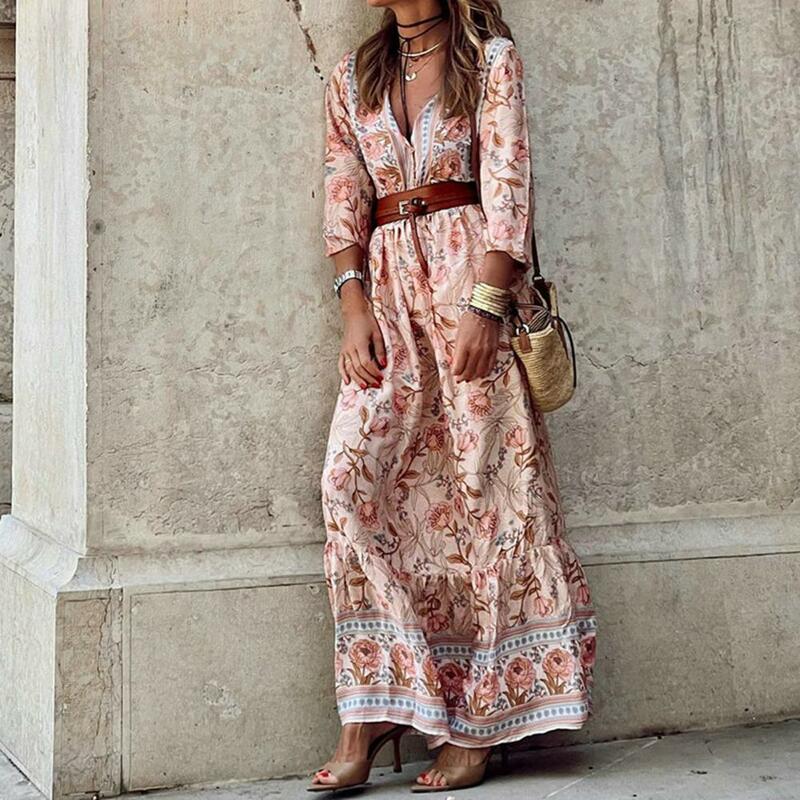 Women Spring Summer Dress Bohemian Floral Print Long Sleeve V Neck Ankle Length Loose A-line Tight Waist Lady Maxi Dress with Be