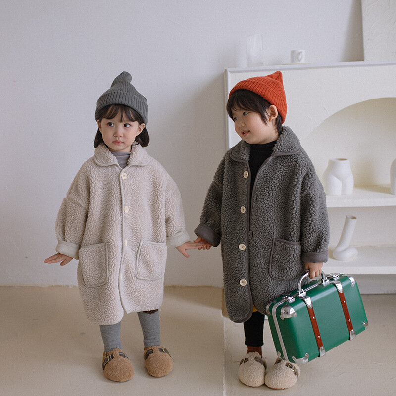 Parkas Boys Girls Middle Length Lamb Cashmere Winter New 2023 Korean Children Clothing Overcoat Warm Coat Turn Down Collar