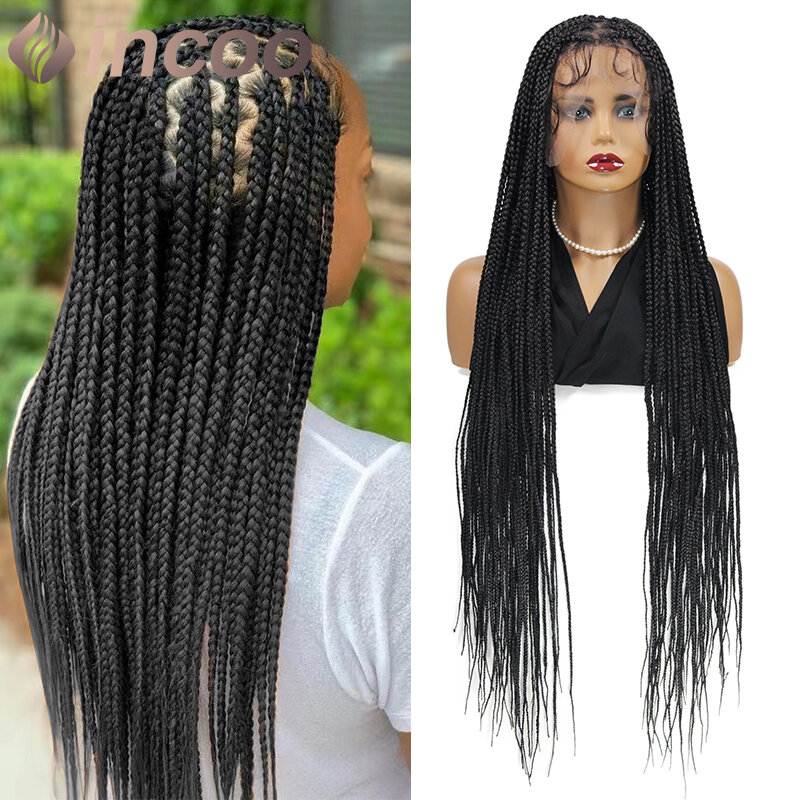 INCOO Box Braid Synthetic Lace Frontal Wigs for Women 36 Inch Full Lace Knotless Random Part Braided Wig Cornrow Lace Braids Wig